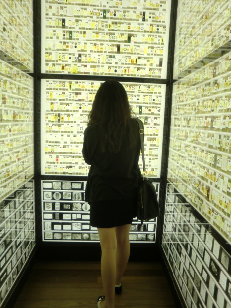 My sister investigating the microscope slides room.